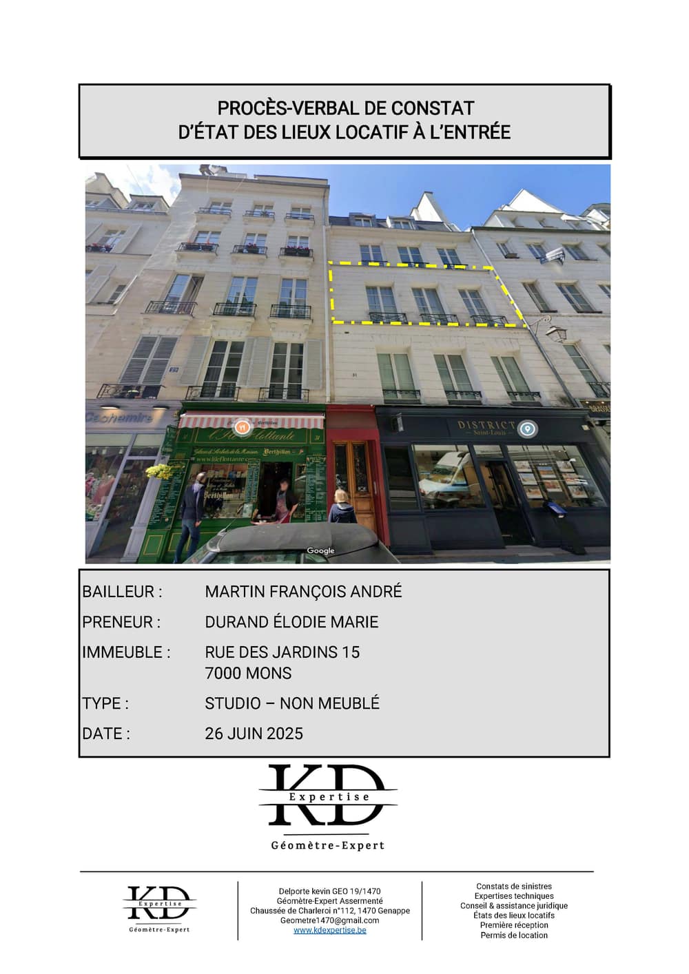 Exemple de rapport d'état des lieux KD Expertise – page 1 sur 28
