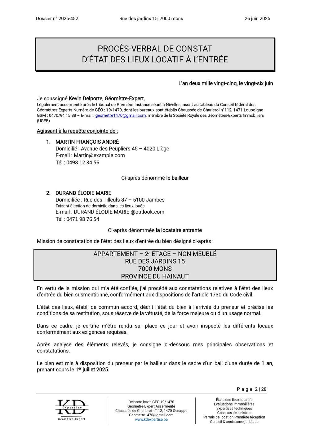 Exemple de rapport d'état des lieux KD Expertise – page 2 sur 28