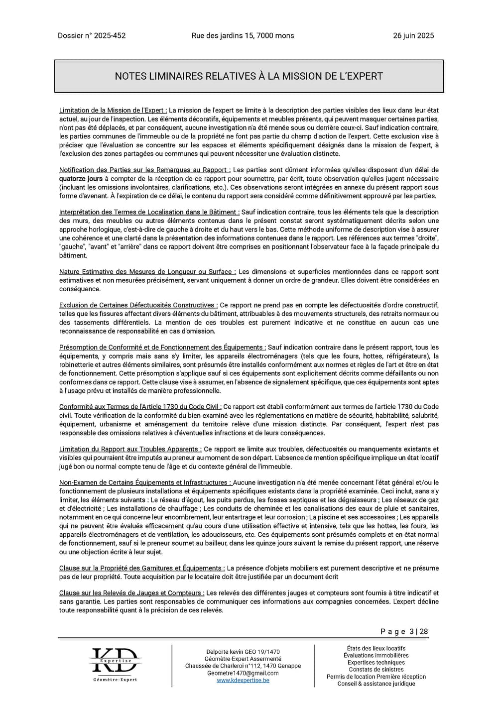 Exemple de rapport d'état des lieux KD Expertise – page 3 sur 28